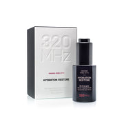 Skincare product with packaging labeled '320 MHz Hydration Restore' on a white background