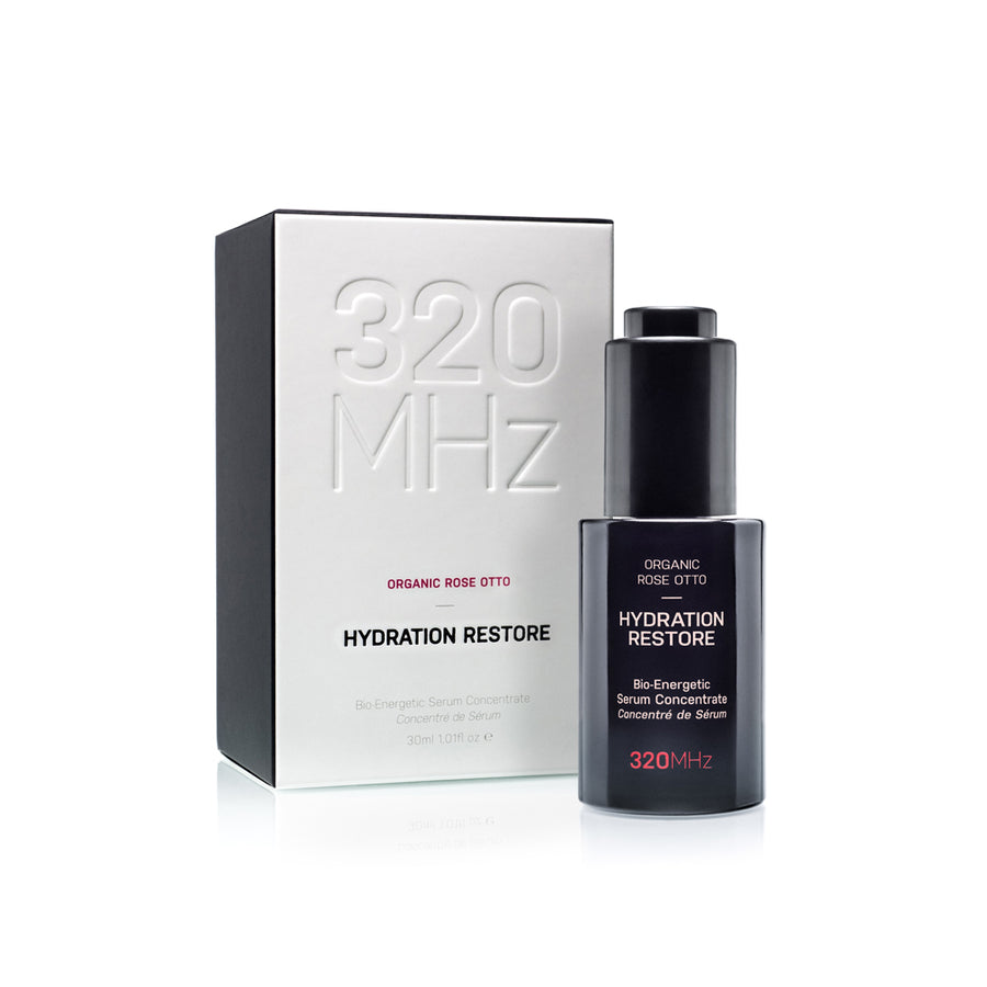Skincare product with packaging labeled '320 MHz Hydration Restore' on a white background