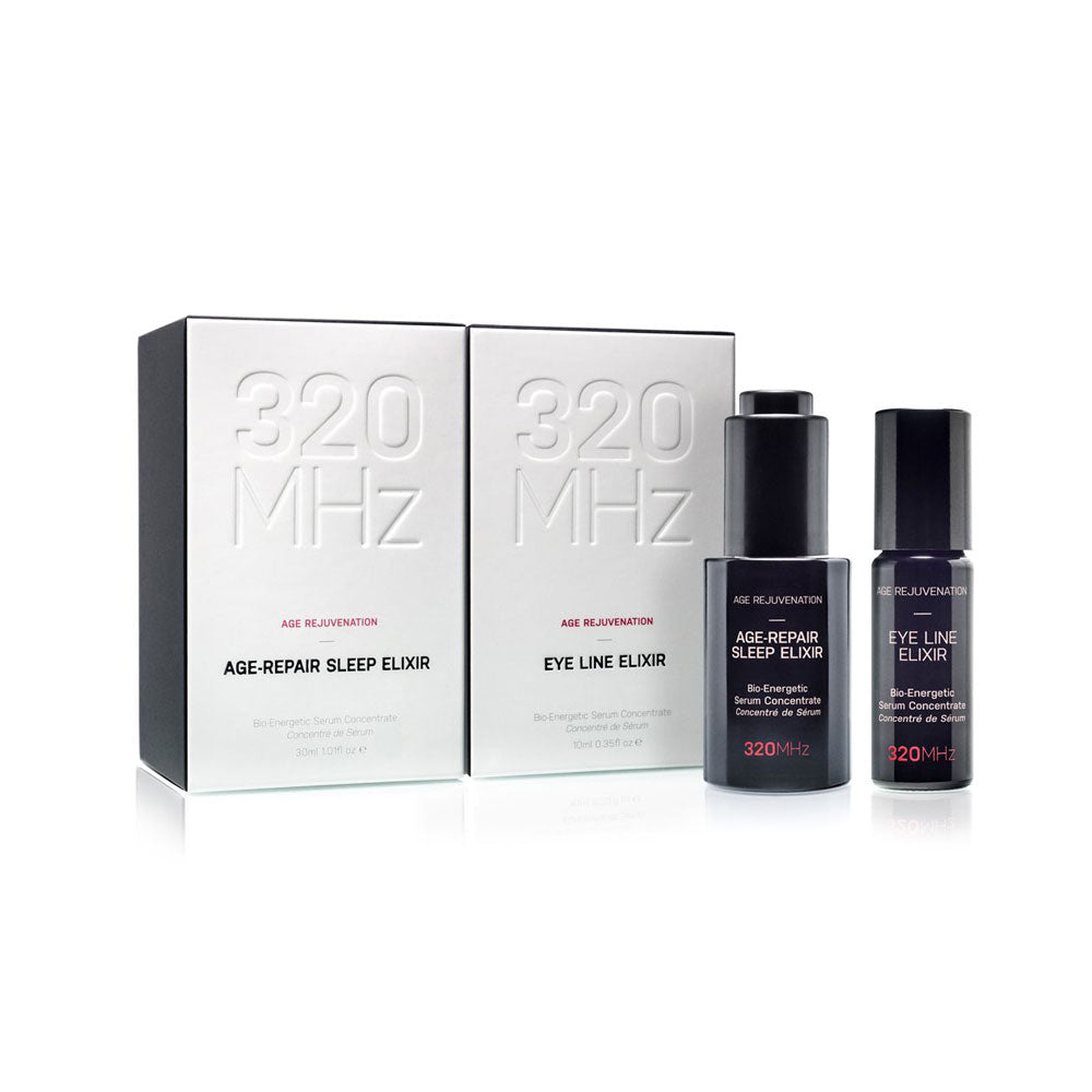 A product image featuring two serums, 'Age-Repair Sleep Elixir' and 'Eye Line Elixir', from the brand 320 MHz, displayed in front of their packaging.
