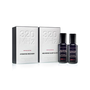 Two black bottles with '320 MHz' labels on a white background