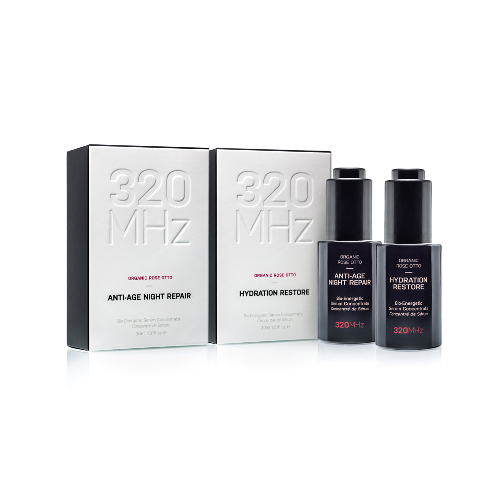 Skincare products and packaging with '320 MHz' branding on a white background