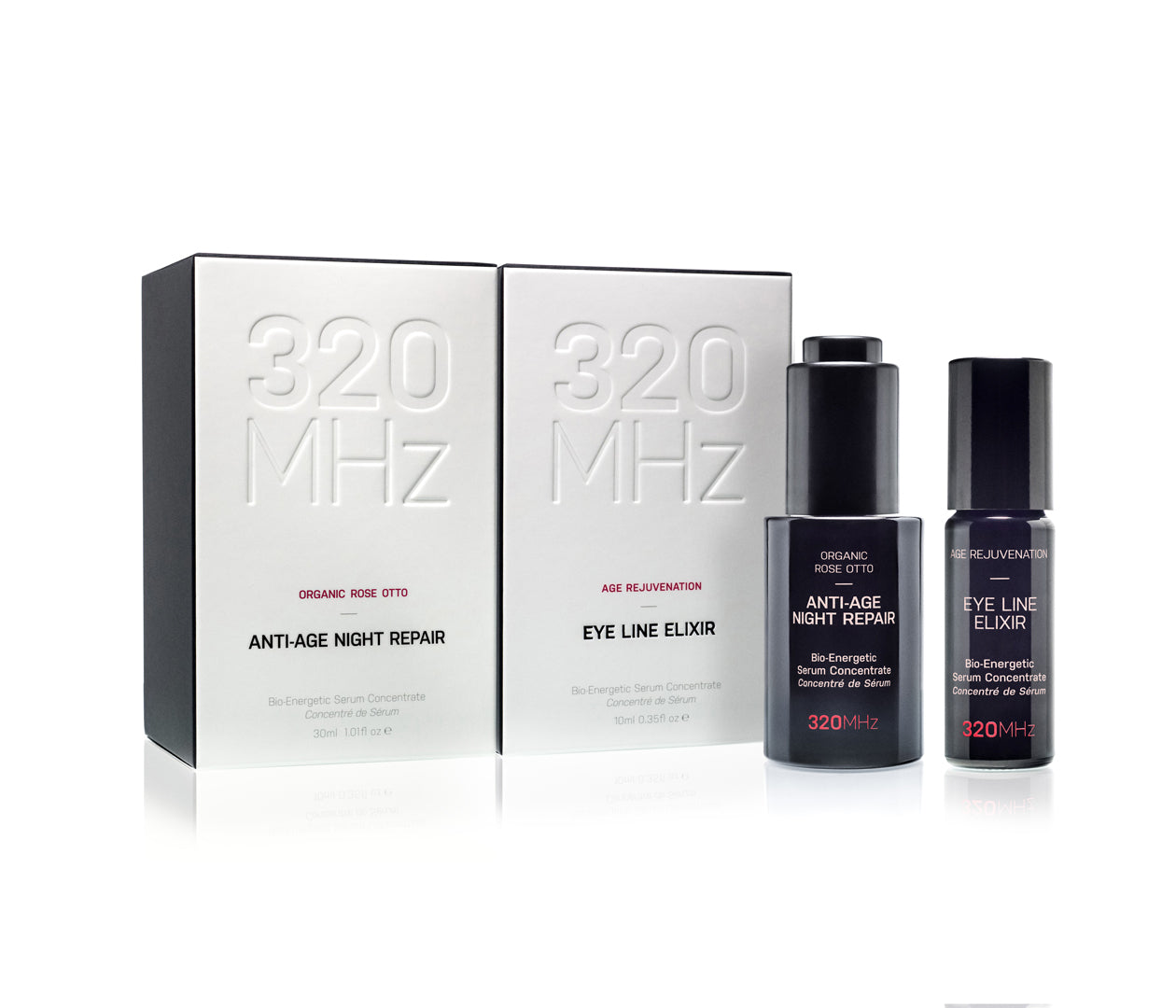 A product image featuring two bottles of serum with their respective packaging, labeled as 'Anti-Age Night Repair' and 'Eye Line Elixir'. The packaging is predominantly white with red and black text and accents.