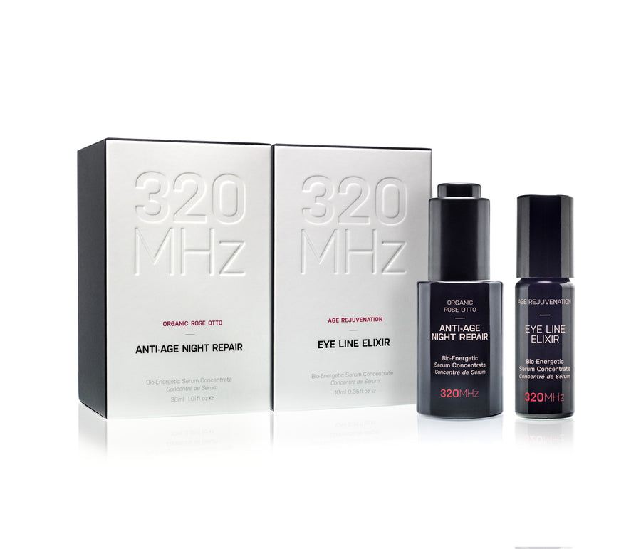 A product image featuring two bottles of serum with their respective packaging, labeled as 'Anti-Age Night Repair' and 'Eye Line Elixir'. The packaging is predominantly white with red and black text and accents.