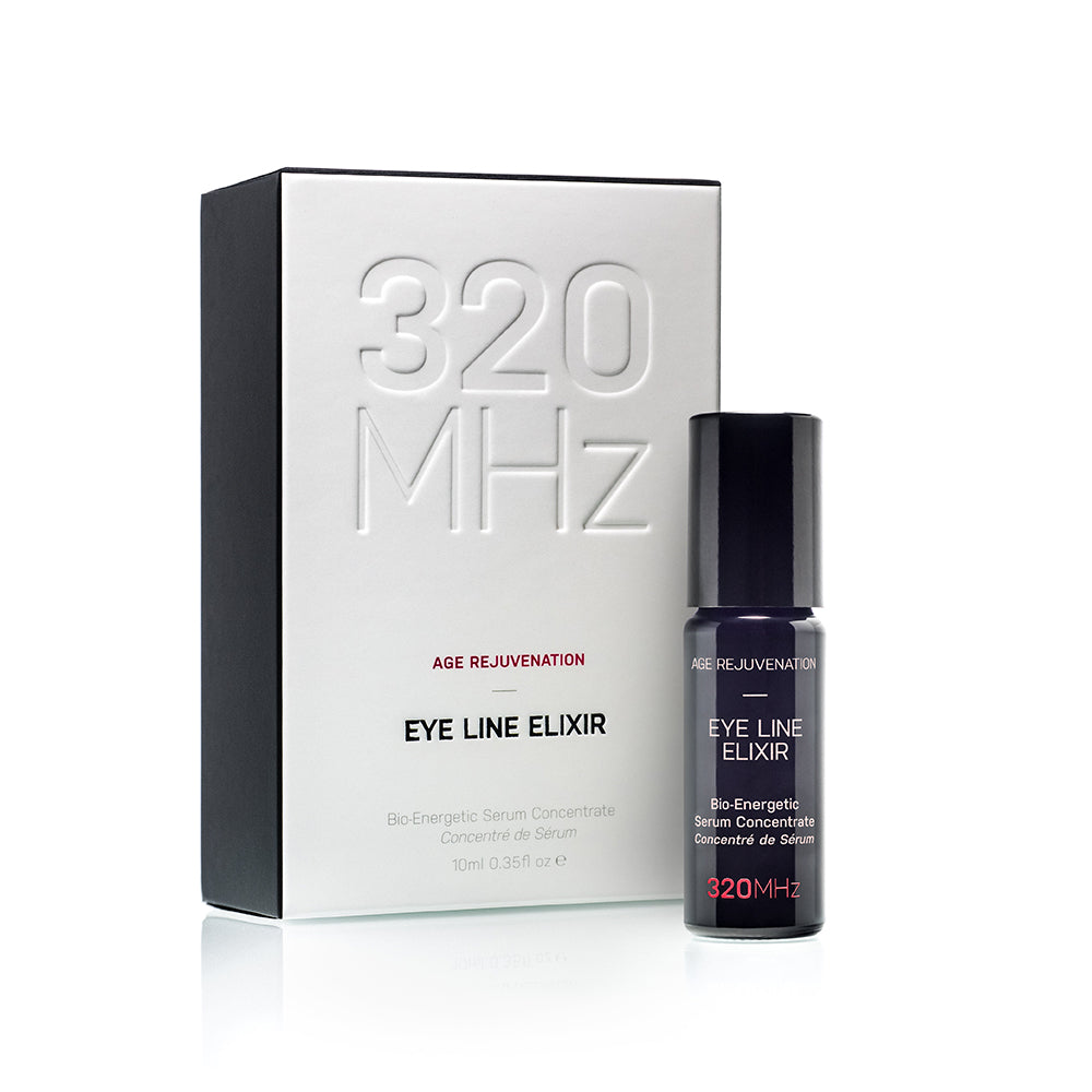 Eye line elixir packaging with bottle and box on a white background