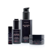 Set of skincare products including a body oil, eye line elixir, sleep elixir, and serum mask on a white background.