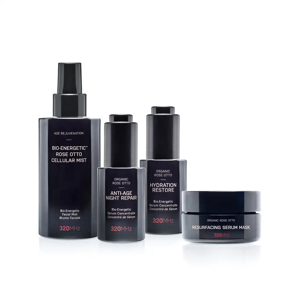 Set of skincare products with black and gray packaging on a white background