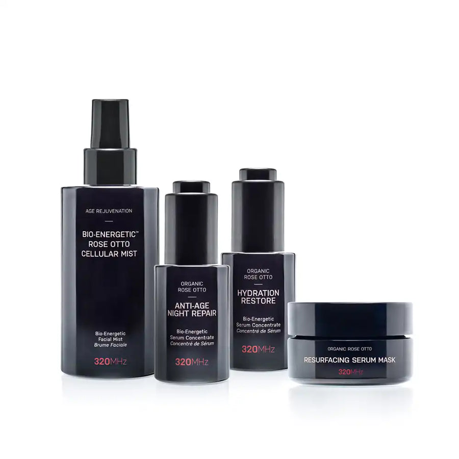 Set of skincare products with black and gray packaging on a white background