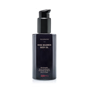 A black pump bottle of Rose Bourbon Body Oil with white and red text indicating the product name and size.