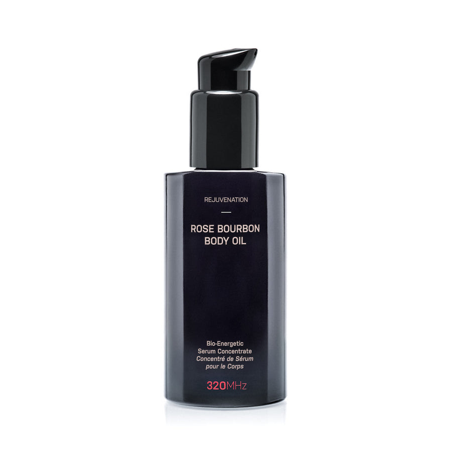 A black pump bottle of Rose Bourbon Body Oil with white and red text indicating the product name and size.