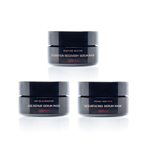 Three serum mask jars with labels on a white background